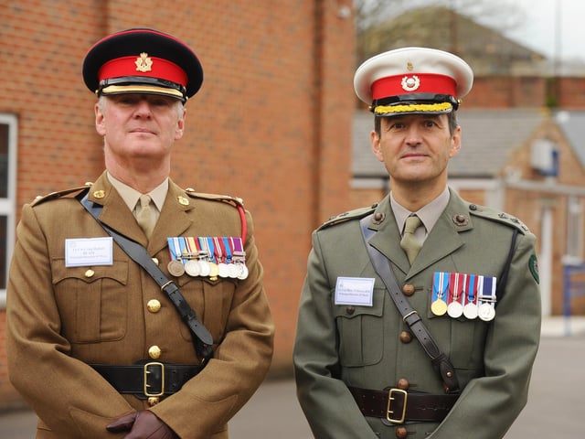 Pictured is: (l-r) LT Col Craig Hallatt RCAM, principle director of music and LT Col Huw Williams RM, principle director of music. 

Picture: Sarah Standing (231123-3200)