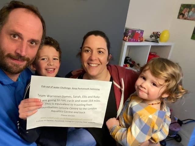 A team effort - James, Sarah, Ellis and Ruby Warrener are aiming to run, cycle and scoot 154 miles in March - the distance between the Mountbatten Leisure Centre and the Acquatic Centre in London and back again.