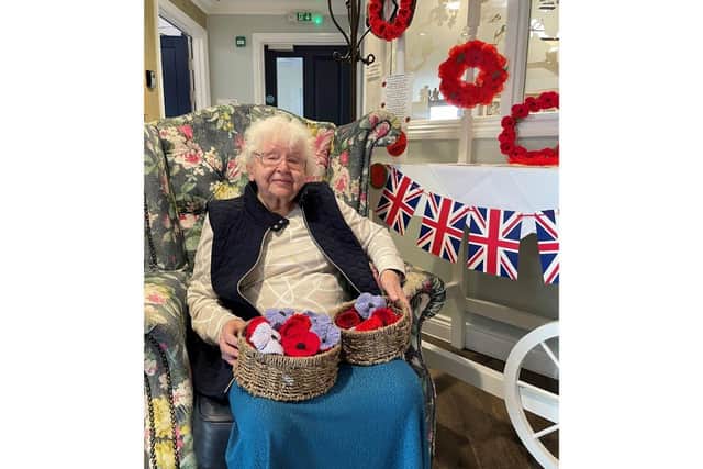Phyllis Restall, a 93-year-old a resident at Care UK’s Pear Tree Court, on Portsmouth Road, has been knitting poppies for Remembrance Sunday for 20 years.