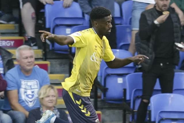 Jordy Hiwula celebrates scoring for Coventry against Pompey. Picture: Robin Jones.