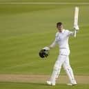 Hampshire's Nick Gubbins celebrates reaching his hundred. Picture: Andrew Matthews/PA Wire.