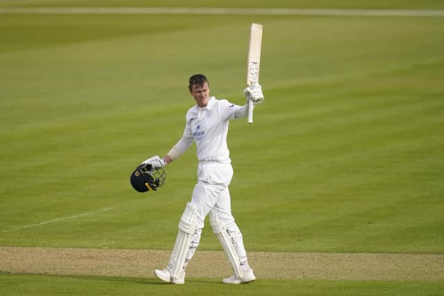 Hampshire's Nick Gubbins celebrates reaching his hundred. Picture: Andrew Matthews/PA Wire.