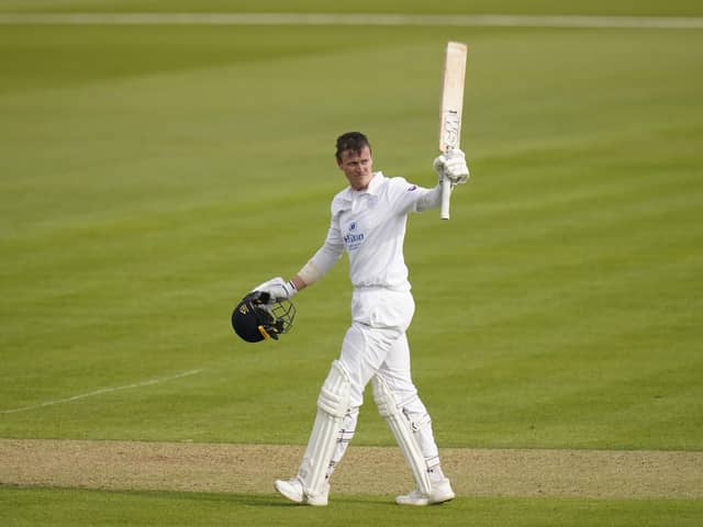 Hampshire's Nick Gubbins celebrates reaching his hundred. Picture: Andrew Matthews/PA Wire.