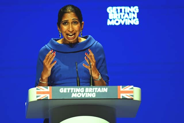 Home Secretary Suella Braverman speaking during the Conservative Party annual conference on October 4, 2022. Photo: Jacob King/PA Wire