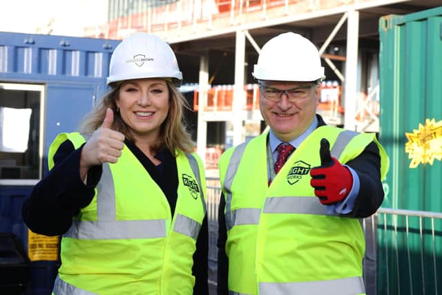 MP Penny Mordaunt pictured on a visit to Portsmouth Port to view the progress of the terminal extension. Pictured with Portsmouth Council Leader Cllr Gerald Vernon-Jackson. Friday November 25, 2022. Picture: Sam Stephenson.