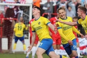James Roberts celebrates after firing Hawks ahead at Welling United Picture: Dave Haines