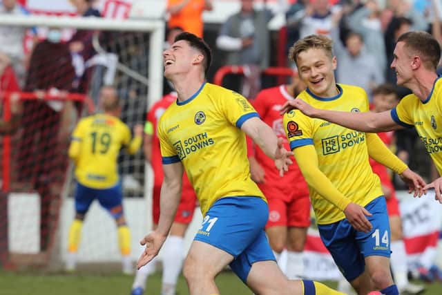 James Roberts celebrates after firing Hawks ahead at Welling United Picture: Dave Haines