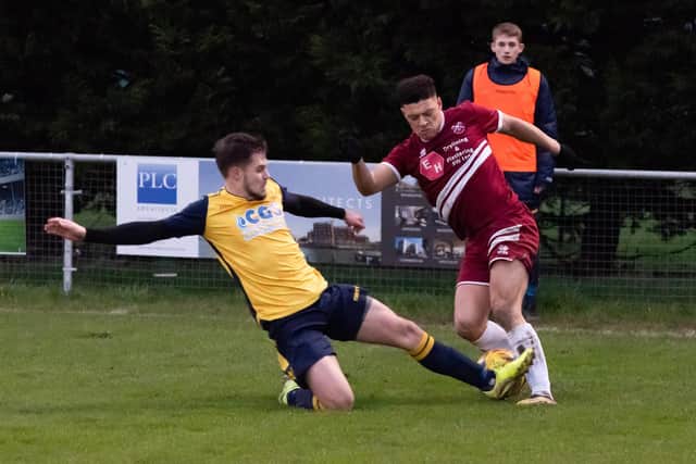 Moneyfields' Zak Sharp, left, is a doubt for Highworth's visit. Picture: Duncan Shepherd
