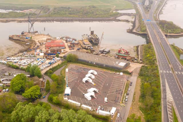 Drone pictures of the Covid-19 testing facility in Tipner West, Portsmouth. Picture: Solent Sky Services