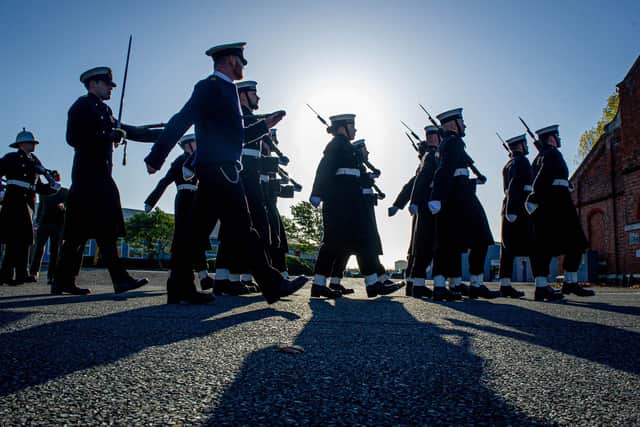 Royal Marines and Royal Navy personnel preparing for Remembrance Sunday at HMS Excellent on Whale Island, Portsmouth on November 4, 2020. Picture: Habibur Rahman