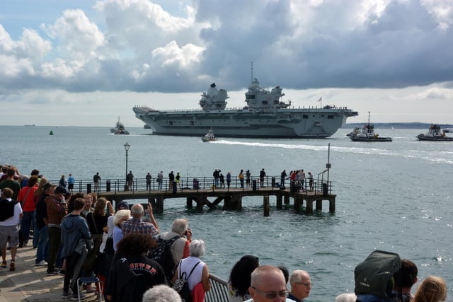 HMS Prince of Wales leaving Portsmouth Naval Base for exercises off the coast of the USA.