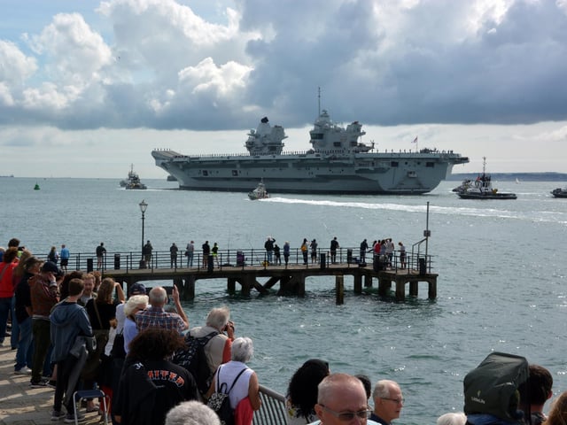 HMS Prince of Wales leaving Portsmouth Naval Base for exercises off the coast of the USA.