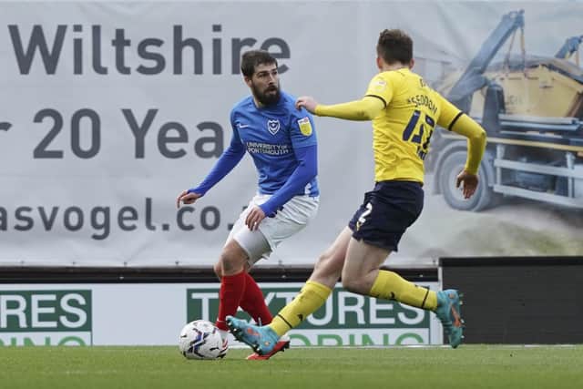 Kieron Freeman in action against Oxford United in February 2022, a match in which he claimed an assist and broke his ankle. It could prove to be his final Pompey outing. Picture: Jason Brown/ProSportsImages