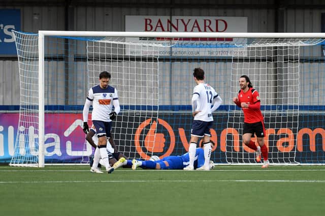 Chris Whelpdale turns away after giving Eastbourne Borough the lead against the Hawks. Picture: Neil Marshall