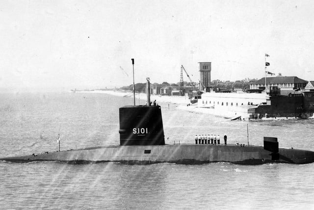 HMS Dreadnought passing Gosport. She was the UK's first nuclear-powered submarine, launched in 1960 and decommissioned in 1980, undated PP3094