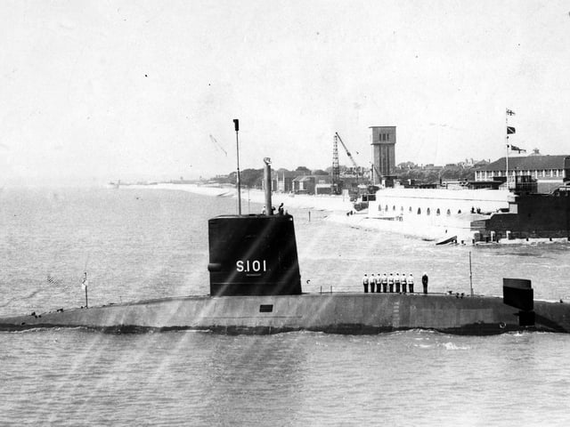 HMS Dreadnought passing Gosport. She was the UK's first nuclear-powered submarine, launched in 1960 and decommissioned in 1980, undated PP3094