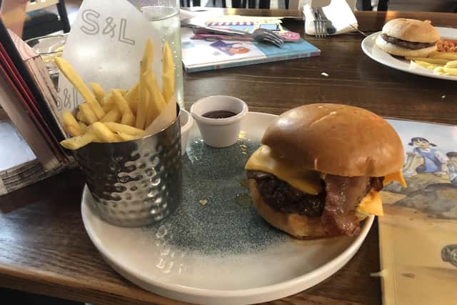 Dish Detective at the Slug and Lettuce in Fareham - Slug and Lettuce burger, and child's burger and chips and beans and sausage and chips beans Summer 2022