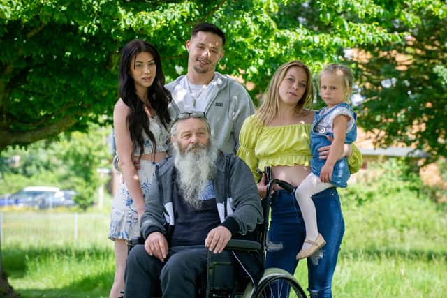 Family of George Allison, murder victim are paying tributes to George. Pictured are George's dad David Allison, 71, brother Sam Allison and his wife, Liah Allison, George's daughter Ruby, three, and her mother Courtney Murdoch outside their home in Leigh Park, Havant
Picture: Habibur Rahman