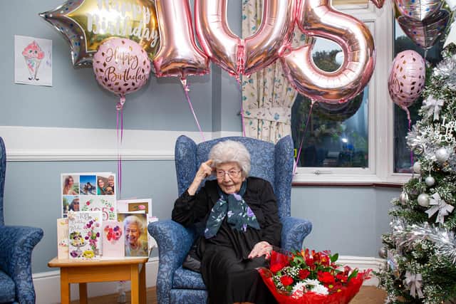 Peggy Florence Dineen is celebrating her 105th birthday at Merlin Park Care Home, Gosport on Friday 23rd December 2021Pictured: Peggy Florence DineenPicture:  Habibur Rahman