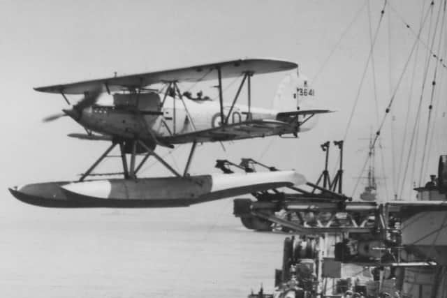 A Hawker Osprey Mk III immediately after being catapulted from HMS Sussex, 1937. Picture: Andrew August collection