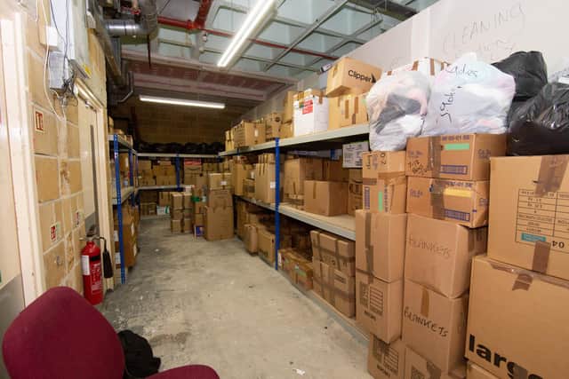 Stella s Voice Charity call for space as they become overwhelmed with aid for Ukraine on Thursday 10th March 2022Pictured: Overflow of donations at Merdian Centre, Havant on Thursday 10th March 2022Picture: Habibur Rahman