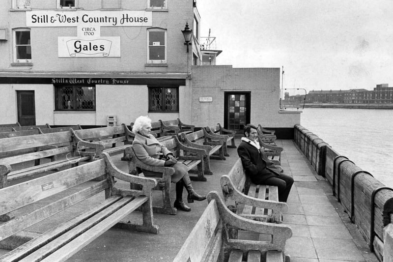 Outside the Still and West pub in Bath Square, old Portsmouth in February 1975. The News PP1115