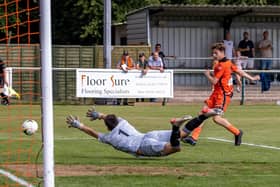 Harrison Brook scores on his AFC Portchester debut against Brockenhurst in late August. Picture: Mike Cooter