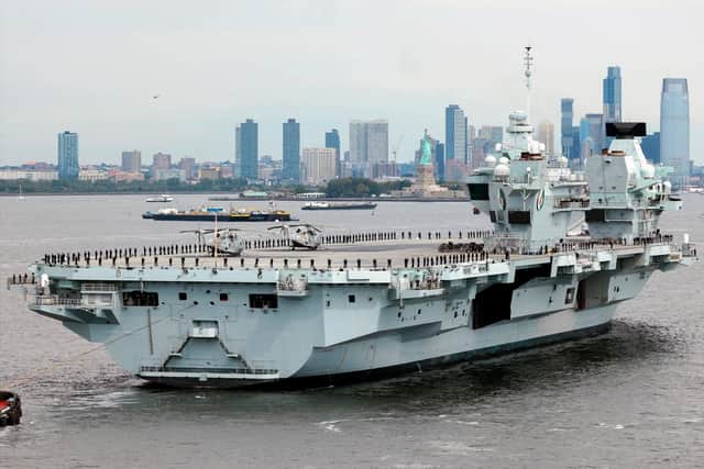 HMS Queen Elizabeth will be setting off from Scotland soon following repairs, reports say. Picture shows the aircraft carrier arriving in New York ahead of hosting the Atlantic Future Forum in 2022.