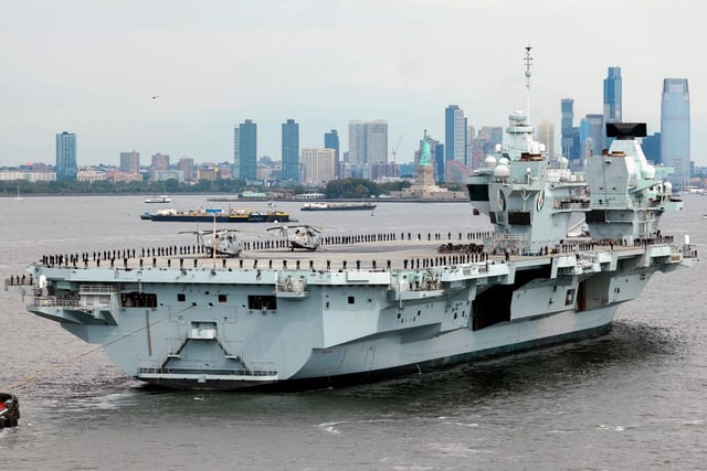HMS Queen Elizabeth arrives in New York ahead of hosting the Atlantic Future Forum in 2022.