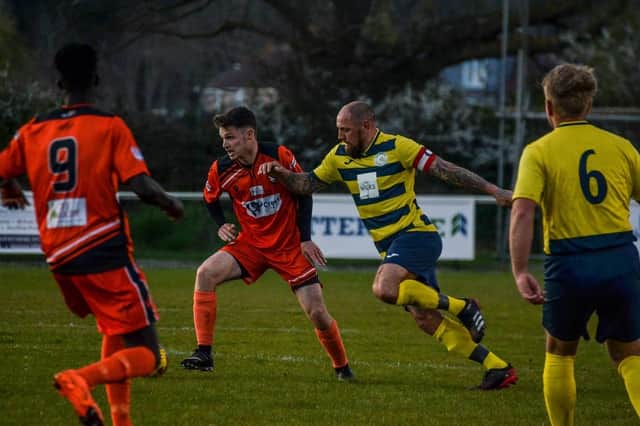 Paulsgrove's Aaron Fennemore, right, in action during the 2-2 friendly draw at AFC Portchester. Picture: Daniel Haswell.