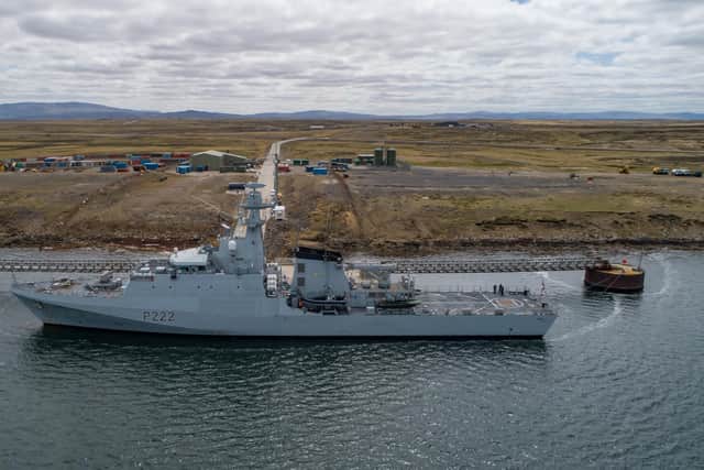 HMS Forth pictured alongside at Mare Harbour, Falkland Islands.