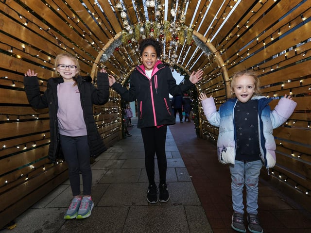 From left, Ava, 9, Willow, 9, and Nina, 5. Whiteley Christmas Event, Whiteley Shopping CentrePicture: Chris  Moorhouse (071224-33)