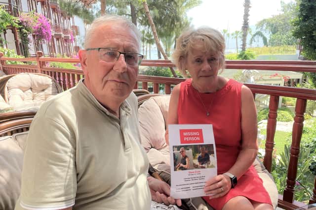 David Cann went missing in south west Turkey on July 3, 2019. Pictured:  Sandra Roberts and her partner, Melvyn.