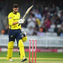 James Vince celebrates his century at Taunton last night. Photo by Harry Trump/Getty Images