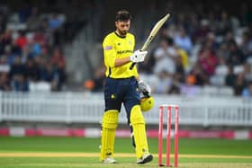 James Vince celebrates his century at Taunton last night. Photo by Harry Trump/Getty Images