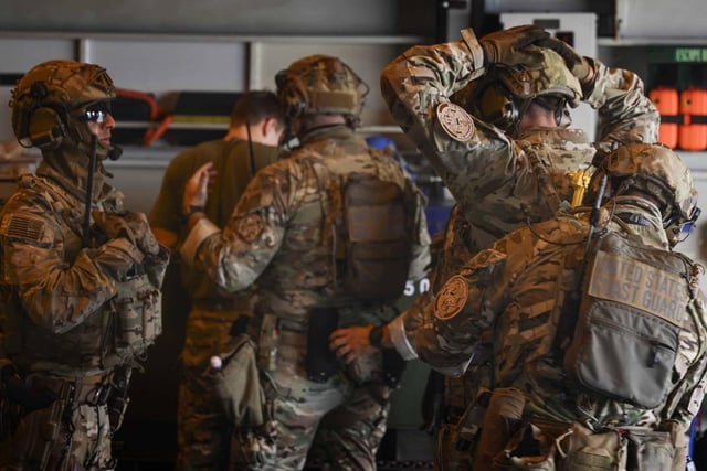 HMS Dauntless' embarked Law Enforcement Detachment team (LEDET) go to 'boarding stations' after finding a suspect vessel in the Caribbean Sea.