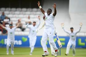 Keith Barker celebrates one of his six wickets at Taunton today. Photo by Harry Trump/Getty Images)