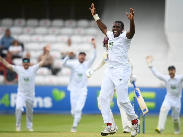 Keith Barker celebrates one of his six wickets at Taunton today. Photo by Harry Trump/Getty Images)