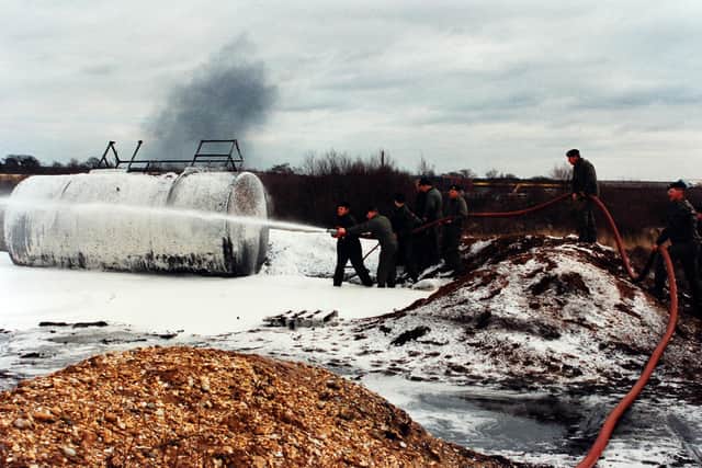 Firefighting drills at the Army School of Petroleum in Westmoors, Dorset in the 1990s. Picture: Chris Moorhouse (jpns 270422-16)