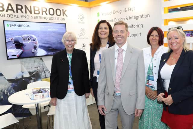 GROUND CREW: Members of the Barnbrook Systems team at Farnborough International Airshow in 2024. From left, business development executive Kathryn Clamp, marketing manager Sam Trivino, managing director Andrew Barnett, head of administration Jane Hughes and Tracey Dalby from Barnbrook’s sales team.