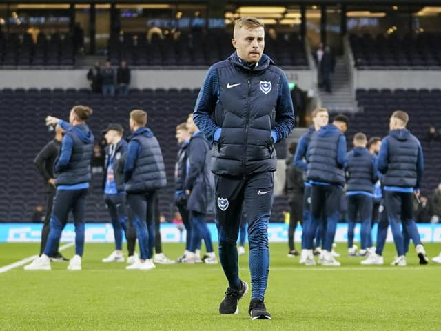 Portsmouth midfielder Joe Morrell during the FA Cup 3rd round match between Tottenham Hotspur and Portsmouth at Tottenham Hotspur Stadium, London, United Kingdom on 7 January 2023.