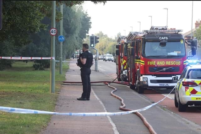 Emergency services at the scene of a bungalow fire in Aspengrove, Gosport, this evening. Photo: Habibur Rahman