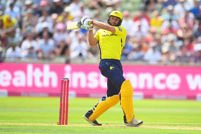 Ross Whiteley hits out while batting for Hampshire. Photo by Harry Trump/Getty Images