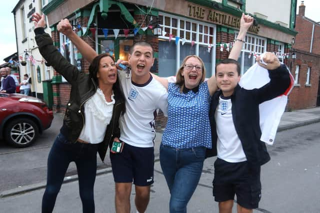 England fans pictured at the Artillery Arms in Portsmouth, UK, watching England play on TV in the Semi-finals at Wembley.

Pictured are fans enjoying the night.

Picture: Sam Stephenson