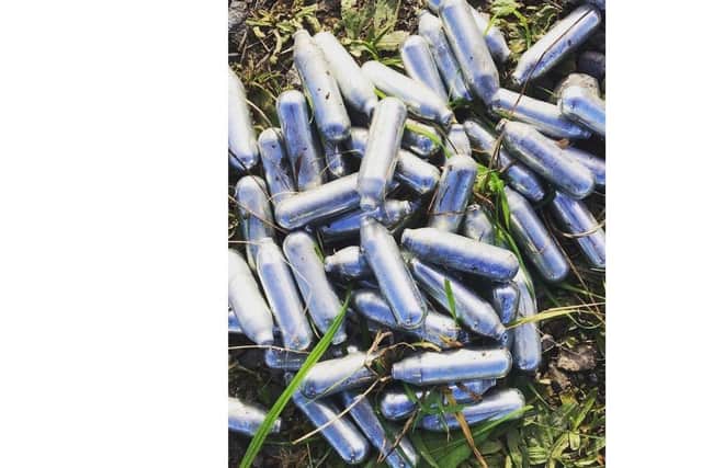 Concerns have been raised over NOS canisters found in Milton recently
Pictured: Nitrous oxide canisters found in Farlington Marshes. Picture: Bianca Carr / The Final Straw Solent