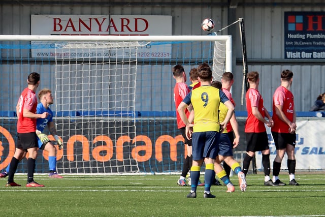 Jack Chandler's free-kick about to enter the Fareham net. Picture by Ken Walker