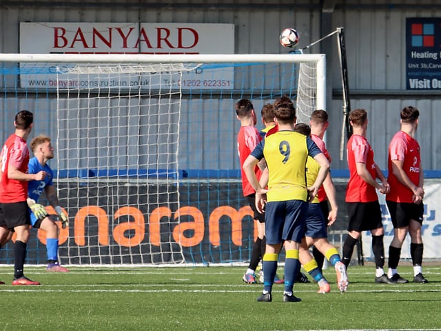 Jack Chandler's free-kick about to enter the Fareham net. Picture by Ken Walker