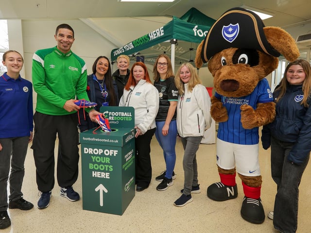 David James with representatives from Tesco, Portsmouth in the Coummunity and Utilita. Former England and Portmouth goalkeeper, David James launched Football Rebooted at Tesco, Fratton Way, Portsmouth. Utilita an Pompey in The Community have brought Football Rebooted to the city. It's a boot collection box where football boots can be donated and redistributed to another player.  Picture: Chris  Moorhouse (180125-14)