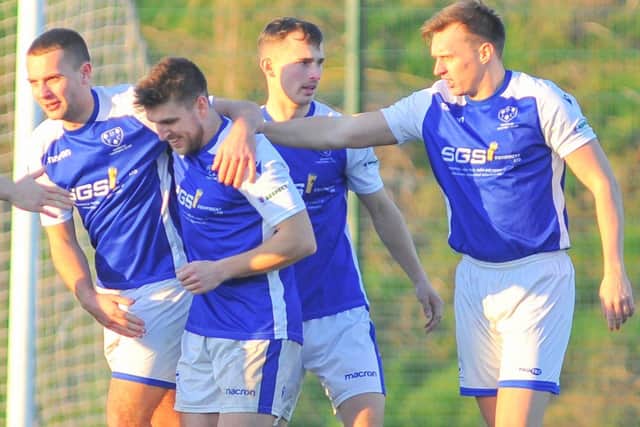 Denmead celebrate a goal against Moneyfields. Picture: Martyn White