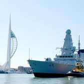 HMS Defender arriving in Portsmouth, her new home, in ????????.